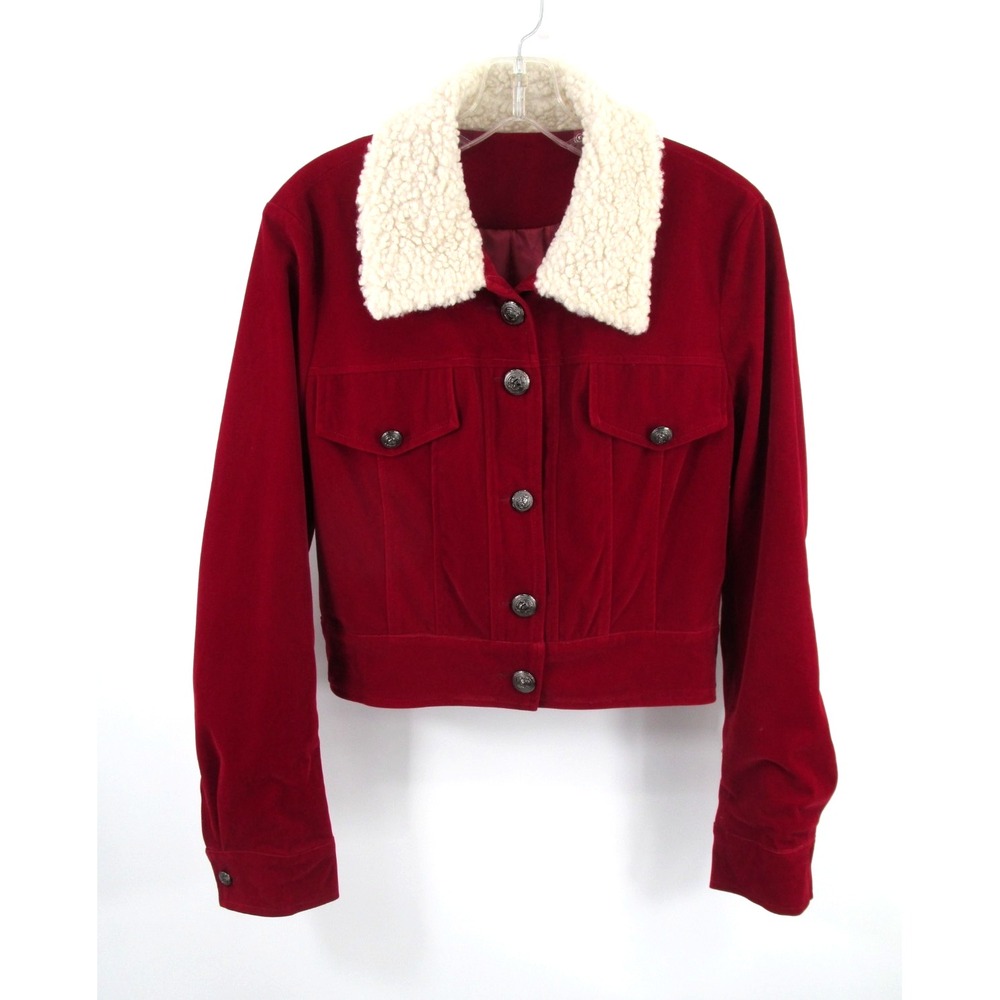 Burgundy Velour Trucker Jacket Sherpa Collar Red Velvet Medium Holiday